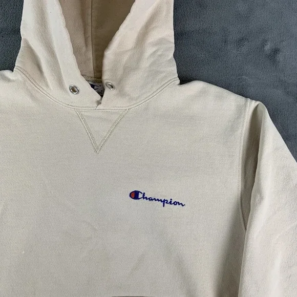 Vintage 90s Champion Hoodie Sweatshirt Pullover Beige M USA Spell Out Rare Color - Picture 3 of 10
